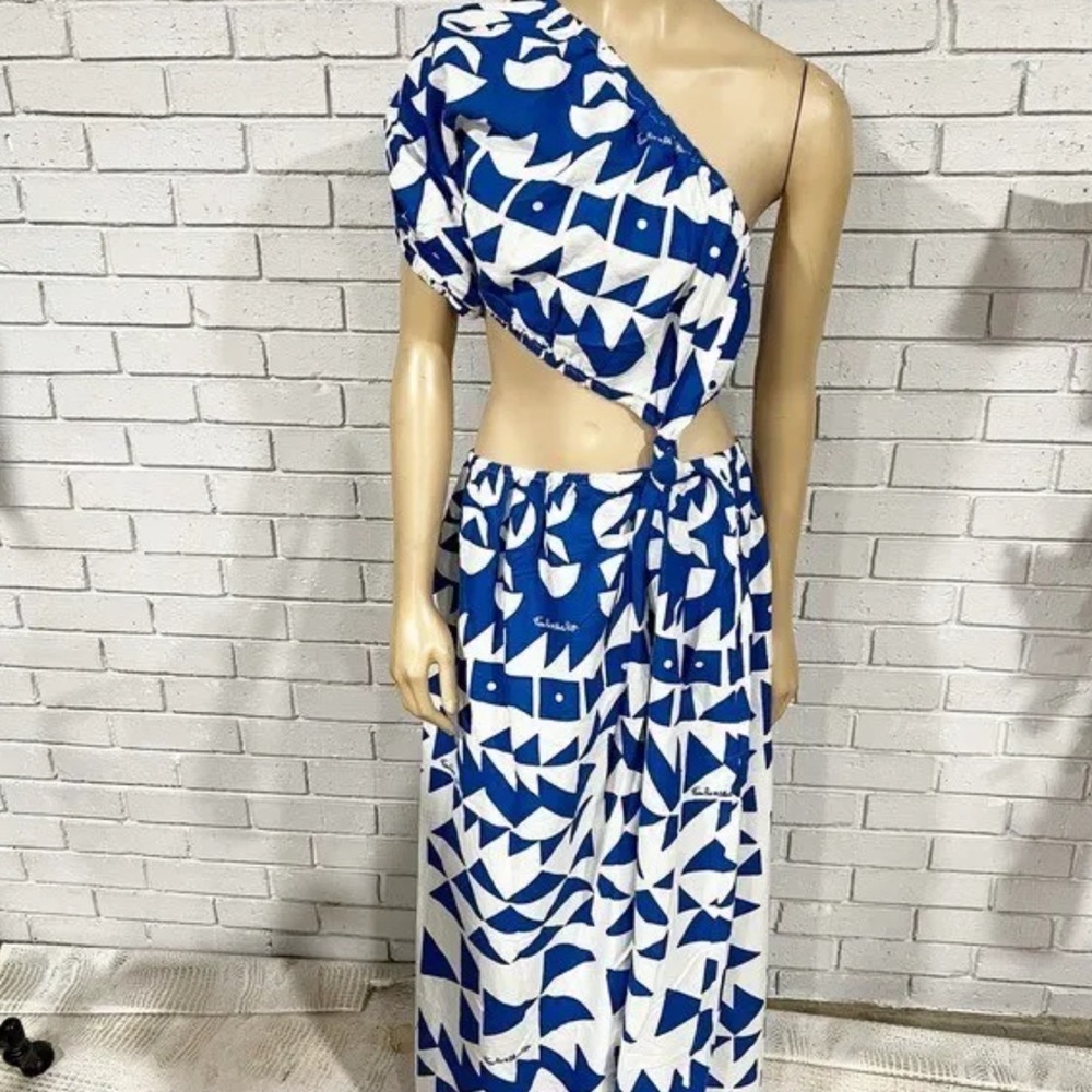 Farm Rio Blue Tiles One Shoulder Maxi Dress J Lo Miami Resort Luxe - Picture 12 of 14